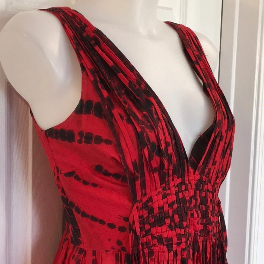 Michael Kors Fringe Weave Sleeveless V Neck Maxi Dress Red and Black size XS